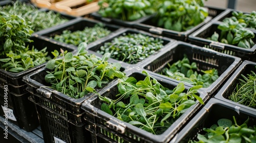 Detailed view of fresh herbs in open crates, ready for transport, with packing materials and shipping tags visible