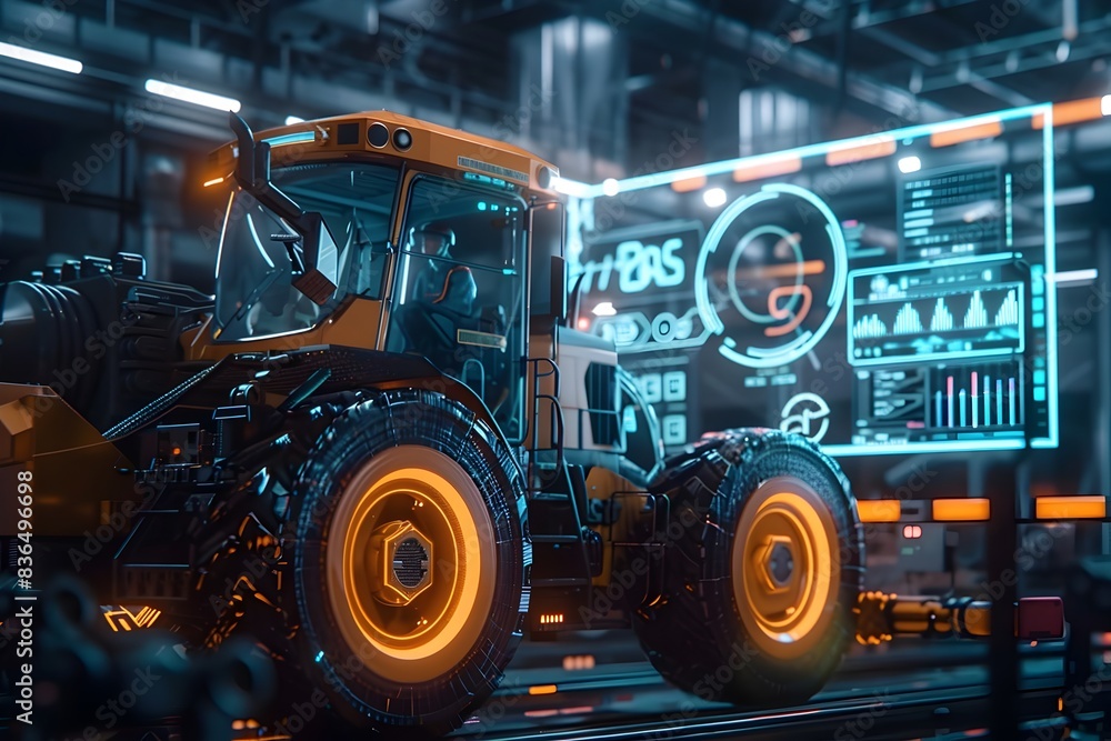 Innovative Agricultural Machinery Operated in Futuristic High-Tech Industrial Environment with Advanced Digital Interface Innovative Agricultural Machinery Operated in Futuristic High-Tech Industrial Environment with Advanced Digital Interface