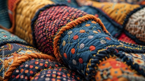 Detailed view of a handmade patchwork bedspread, highlighting the diverse colors and textures of each fabric piece, with decorative stitching photo