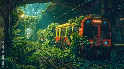 Lush Overgrown Abandoned Industrial Train Station in Vibrant Sci-Fi Jungle Landscape photo