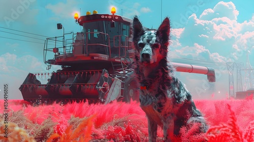 Automated Harvester and Canine Companion in Futuristic Farmscape photo