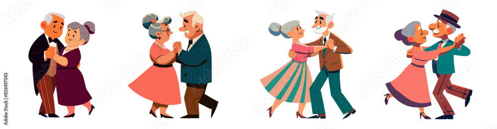 A vector illustration set of young-at-heart senior citizens dancing, isolated on a white background A vector illustration set of young-at-heart senior citizens dancing, isolated on a white background