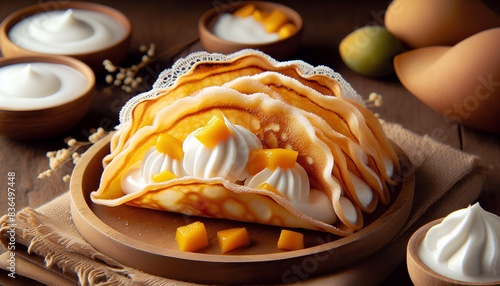 Thai Mango Sticky Rice with Whipped Cream and a Hand, dessert is beautifully arranged with mango slices and whipped cream layered on top of the sticky rice. 