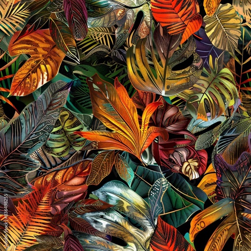 A seamless pattern featuring a variety of exotic leaves intricately arranged in a continuous design with vibrant colors and detailed textures photo