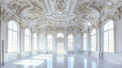 A lavish white baroque-style interior with intricate ceiling details and bright windows.