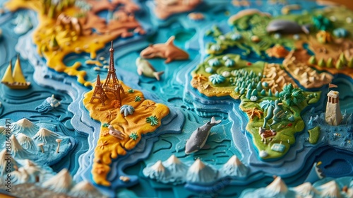 Detailed plasticine 3D map with each continent in a different bright color  decorated with miniature animals and landmarks