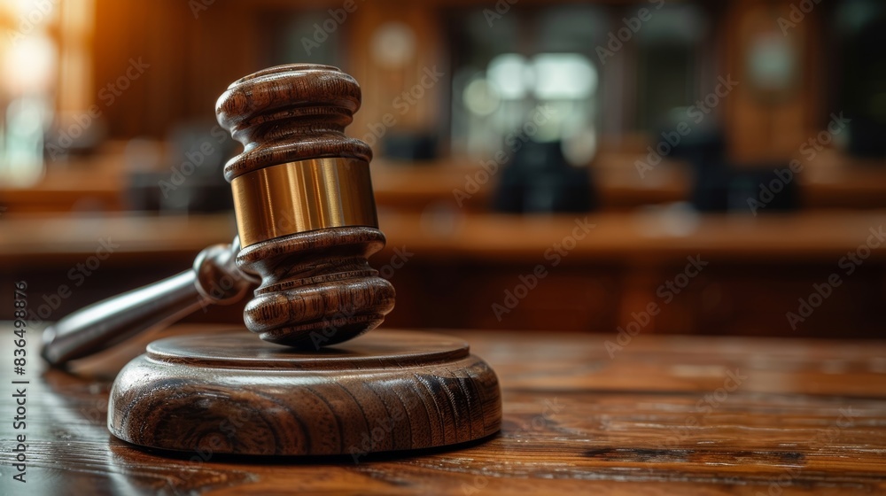 Detailed close-up of a judge's gavel resting on a polished wooden block, courtroom background blurred, symbolizing justice Detailed close-up of a judge's gavel resting on a polished wooden block, courtroom background blurred, symbolizing justice