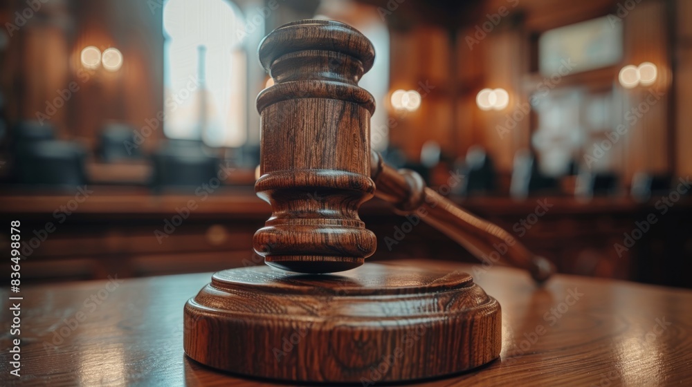 Detailed close-up of a judge's gavel resting on a polished wooden block, courtroom background blurred, symbolizing justice Detailed close-up of a judge's gavel resting on a polished wooden block, courtroom background blurred, symbolizing justice