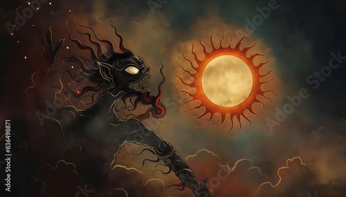 Wall mural painting that tells the story of the giant Batara Kala swallowing the sun, a Javanese legend photo