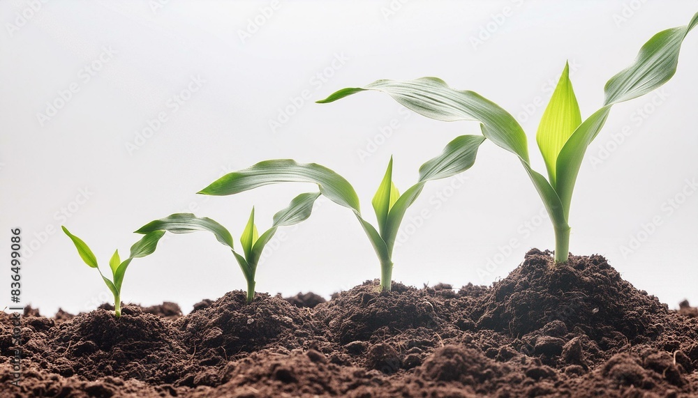 Brote de planta de maiz joven que crece a partir del suelo aislado sobre fondo blanco Brote de planta de maiz joven que crece a partir del suelo aislado sobre fondo blanco
