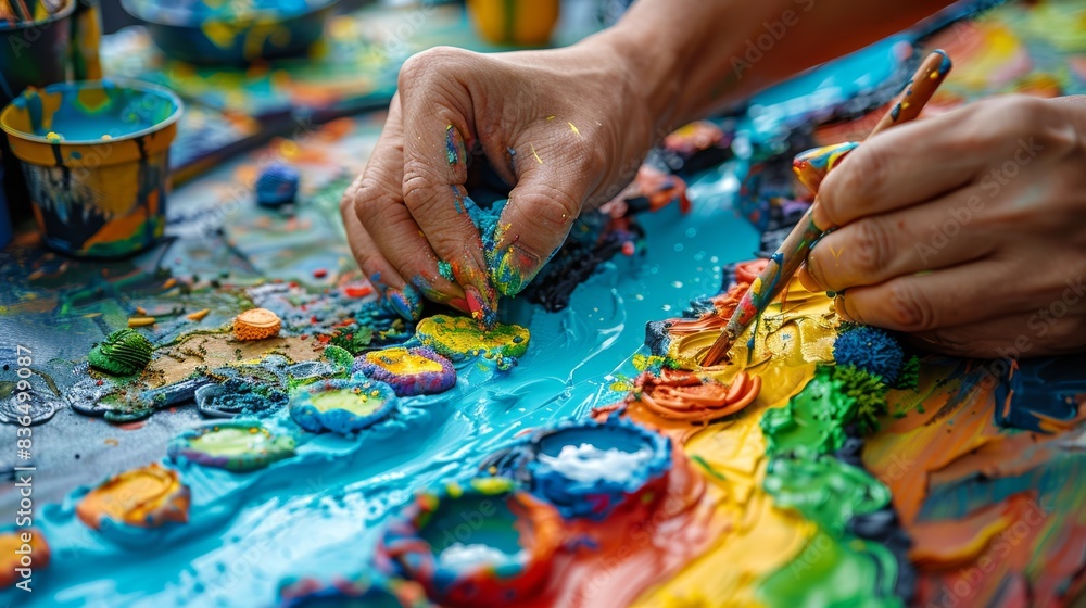 Detailed, close-up, hands working on a plasticine castle, meticulously forming a moat, with vibrant hues and textures Detailed, close-up, hands working on a plasticine castle, meticulously forming a moat, with vibrant hues and textures