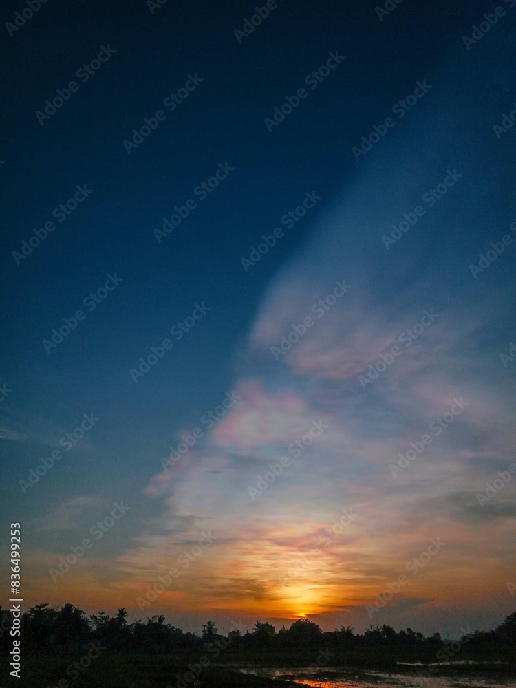 sunset and light in the sky like the aurora. silhouette of trees and rice fields in the afternoon sunset and light in the sky like the aurora. silhouette of trees and rice fields in the afternoon