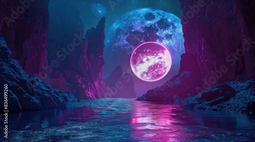 Futuristic fantasy landscape  sci-fi landscape with planet  neon light  cold planet. Galaxy  unknown planet. Dark natural scene with light reflection in water. Neon space galaxy portal