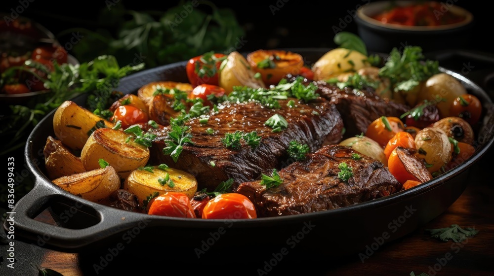 delicious pot roast meat with black and blur background delicious pot roast meat with black and blur background