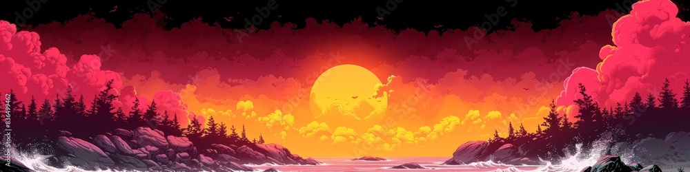 Stunning Digital Artwork of a Vibrant Sunset Over a Forest with Intense Shades of Red, Orange, and Yellow in a Panoramic Landscape Stunning Digital Artwork of a Vibrant Sunset Over a Forest with Intense Shades of Red, Orange, and Yellow in a Panoramic Landscape