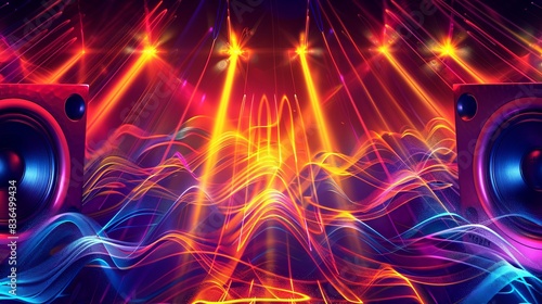 3D rendering, abstract background with glowing neon laser lines, energy waves and bright neon glowing speakers. Suitable for techno, trance, electro, house music events