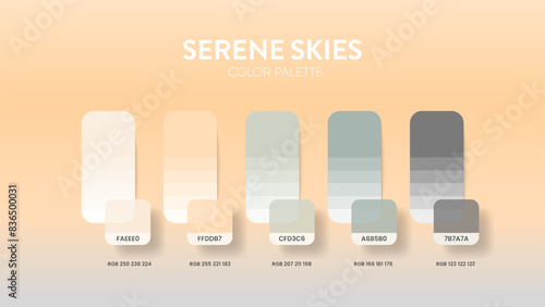 Color palette guide in Serene Skies colour theme collections. Color inspiration or chart with codes template. Color combination RGB. Colors swatches for graphic design, art, fashion or painting.Vector