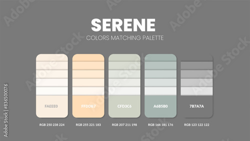 Color palette guide in Serene colour theme collections. Color inspiration or chart with codes template. Color combination RGB. Colors swatches for graphic design, art, fashion or painting. Vector.