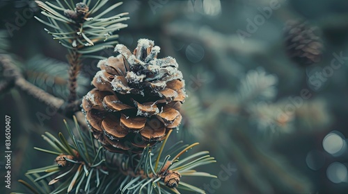 green pine cone on twig closeup selective focus copy space ​