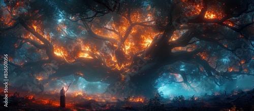 Beneath the ghostly canopies, a mage calls forth the essence of fire, the primeval power illuminating the gnarled branches with a dancer's grace. photo