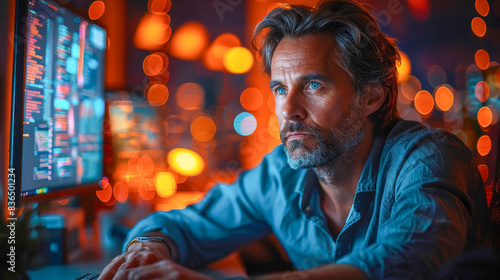 Businessman Working Late: Focused Night Office Scene