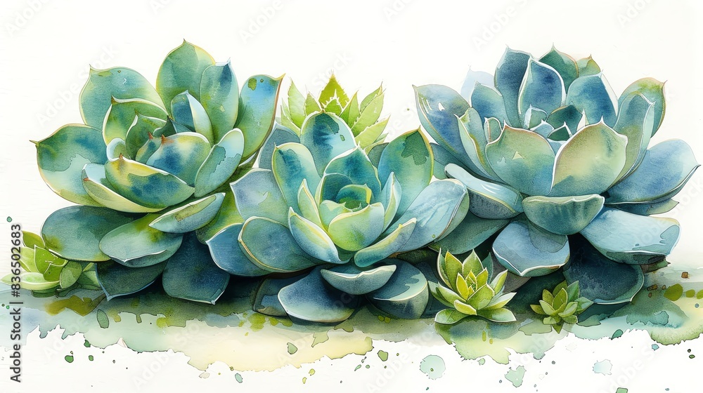 Obraz premium Beautiful watercolor painting of blue and green succulents with a fresh, natural appeal. Perfect for botanical decor and nature themes.