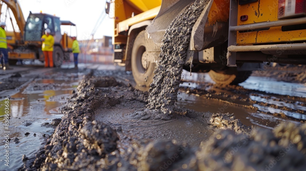 Close-up of the mixer truck's chute, wet concrete gushing out onto a construction site with workers in the background Close-up of the mixer truck's chute, wet concrete gushing out onto a construction site with workers in the background