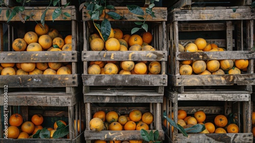 Close-up of packed crates of vibrant oranges, showing the texture of the fruit and the ruggedness of the wooden crates, prepared for transport photo