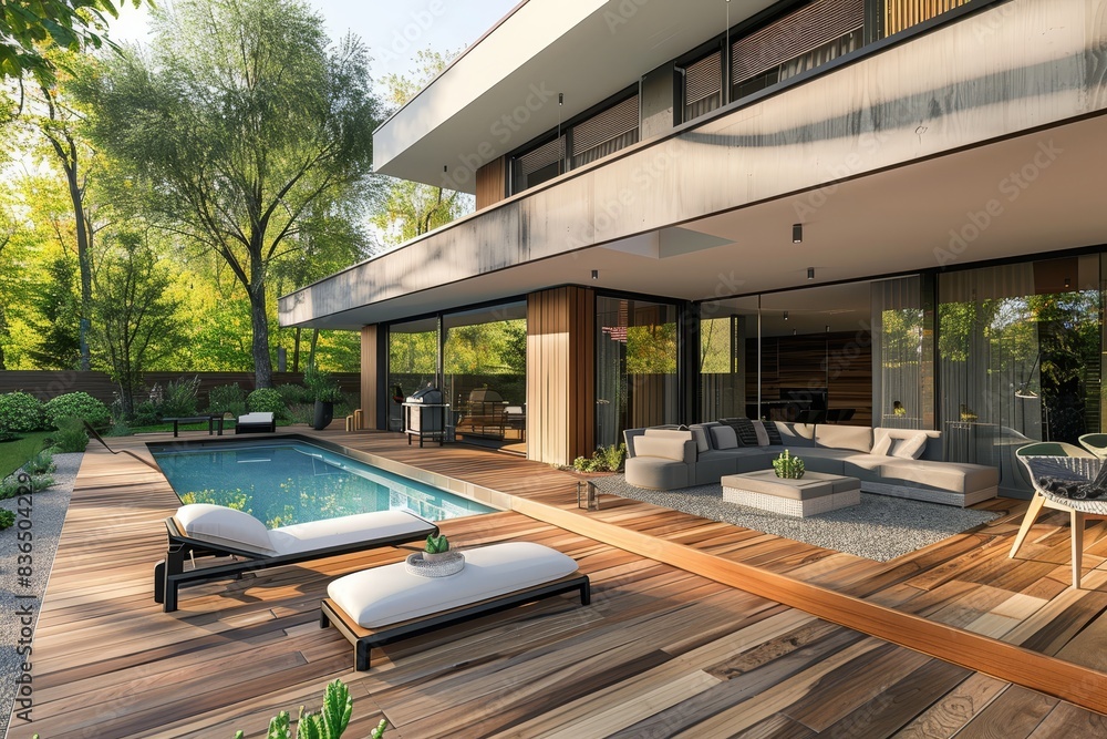Capture the essence of luxurious outdoor living with this sharp 4K image showcasing a modern wooden terrace, inviting furniture, and a refreshing pool. Capture the essence of luxurious outdoor living with this sharp 4K image showcasing a modern wooden terrace, inviting furniture, and a refreshing pool.