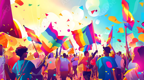 People with rainbow color flags in Pride month parade celebration.Pride month concept. photo