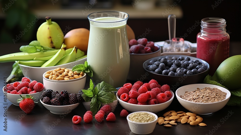 Smoothie Bar Setup with an Assortment of Vibrant Ingredients Including Berries, Bananas, Spinach, and Almond Milk, Ready to Be Blended in a Bright and Inviting Style Smoothie Bar Setup with an Assortment of Vibrant Ingredients Including Berries, Bananas, Spinach, and Almond Milk, Ready to Be Blended in a Bright and Inviting Style