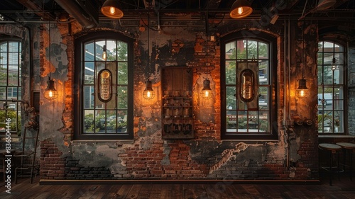 Industrial interiors with brick walls, vintage lighting, and rustic natural elements.