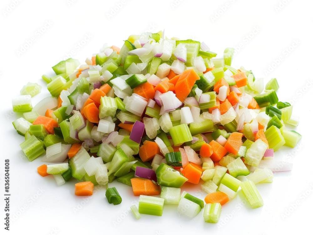 Close-up of finely chopped onions, carrots, and celery arranged in neat piles, isolated on a white background, studio lighting Close-up of finely chopped onions, carrots, and celery arranged in neat piles, isolated on a white background, studio lighting