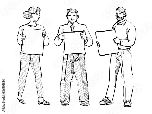 Business team coworker standing holding blank empty paper hand drawing sketch