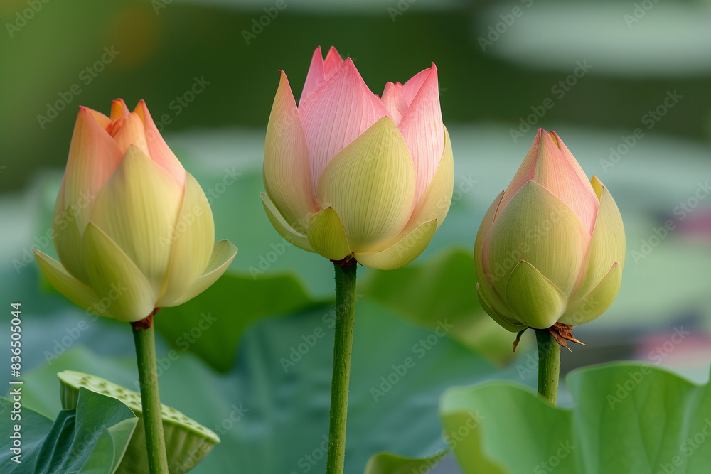 An image of three lotus buds that will bloom soon in the middle of a lotus pond covered with dense lotus leaves in a clear pond can be used as an illustration.


