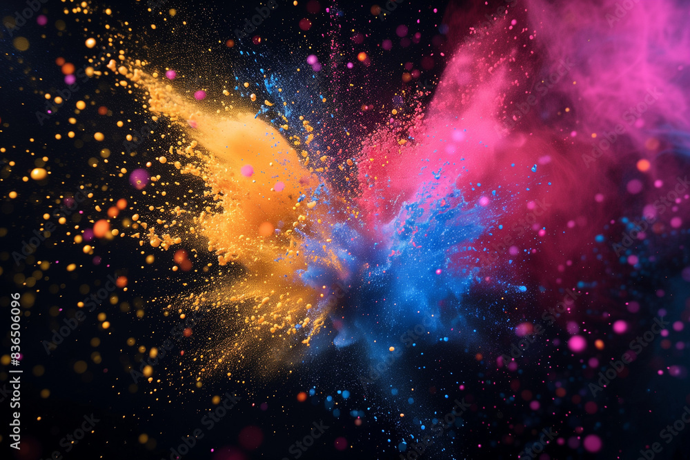 Obraz premium Explosion of paint on the dark background colorful particles.