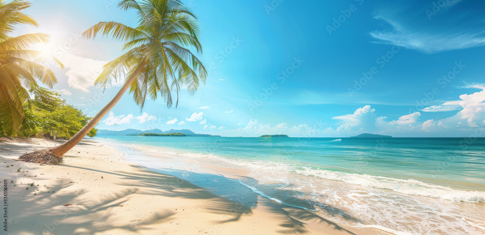Fototapeta premium A beautiful tropical beach with palm trees and a clear blue sky. The sun is shining over the ocean in a summer vacation background.