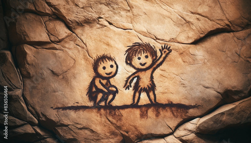 A primitive cave wall with childlike drawings of two figures - Generative AI