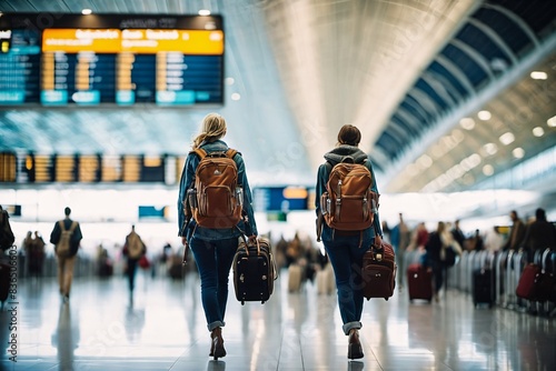 two blonde women with a backpack are walking through an airport terminal with luggage in hand and people walking by, Travel, airport and excited woman with bags and passport.