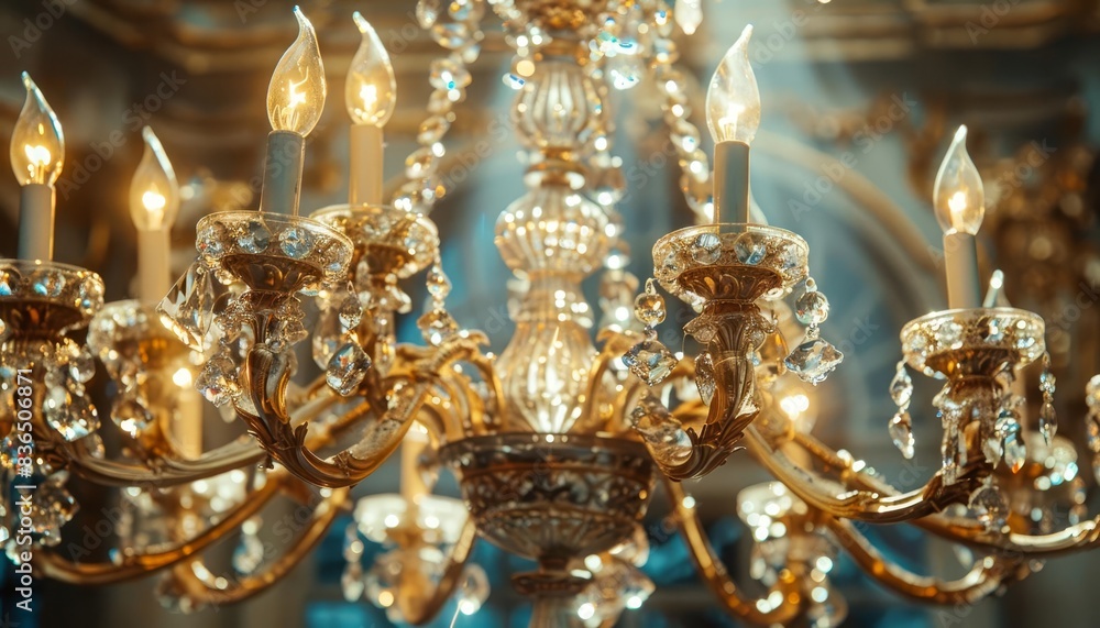Capture a high-angle view of an elegant, ornate chandelier with intricate details and sparkling crystals Capture a high-angle view of an elegant, ornate chandelier with intricate details and sparkling crystals
