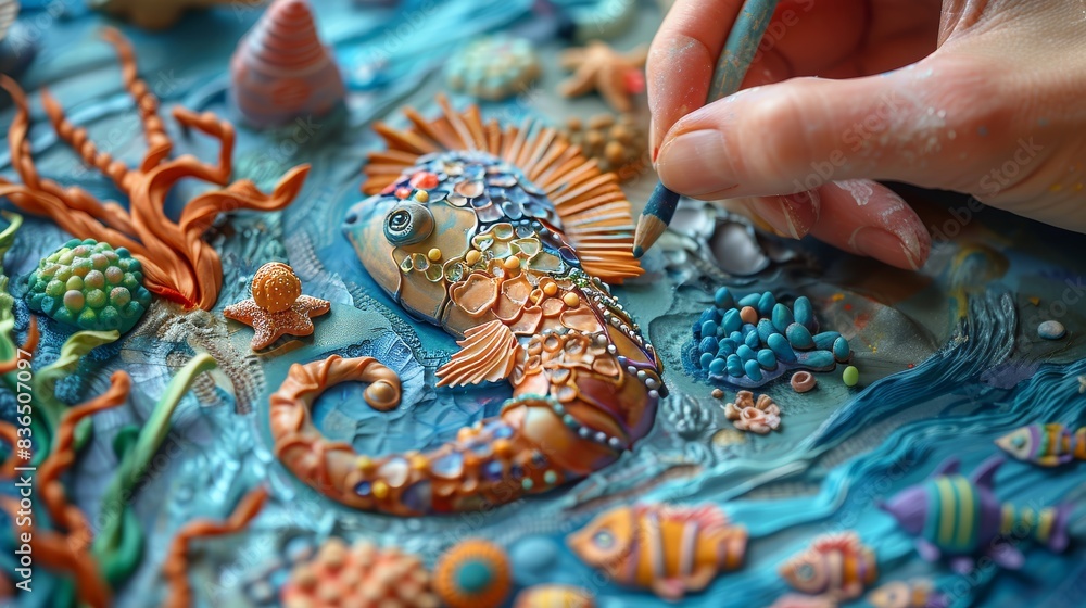 Naklejka premium Crafting a plasticine ocean scene, close-up on creating a dolphin leaping from the waves with lifelike detail