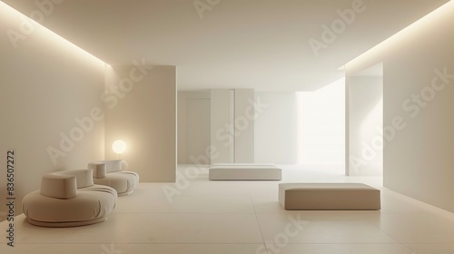 A white room with minimalist furniture and soft, indirect lighting. © Kasorn