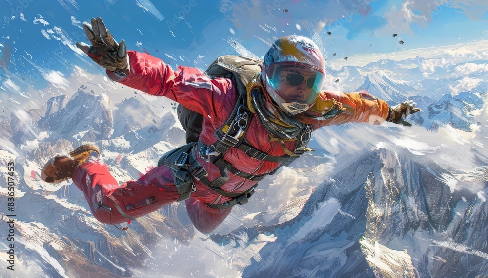 Capture a thrilling moment of a skydiver free-falling, with the vast, breathtaking view of mountains below, using vibrant colors in a digital painting Capture a thrilling moment of a skydiver free-falling, with the vast, breathtaking view of mountains below, using vibrant colors in a digital painting