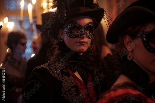 A woman wearing a black masquerade mask and a top hat stands in a dimly lit room at a castle party. The room is decorated with candles and a chandelier photo