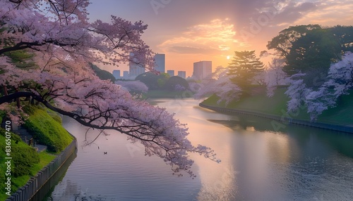 cherry blossoms sparkle in the morning light and pink violets bloom quietly on the green banks photo