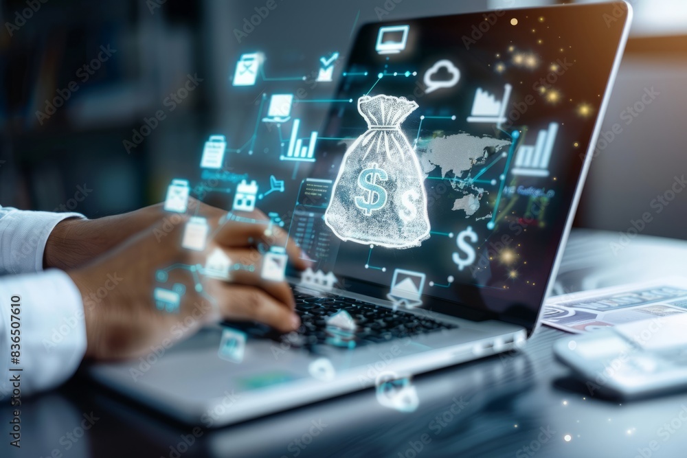 Merchants use laptop and online shopping ICONS for shopping bags with money bags, online shopping concepts, Merchants use laptop and online shopping ICONS for shopping bags with money bags, online shopping concepts,