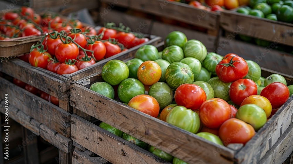 Close-up view of green and red tomatoes packed in wooden crates, showcasing the variety and readiness for distribution Close-up view of green and red tomatoes packed in wooden crates, showcasing the variety and readiness for distribution