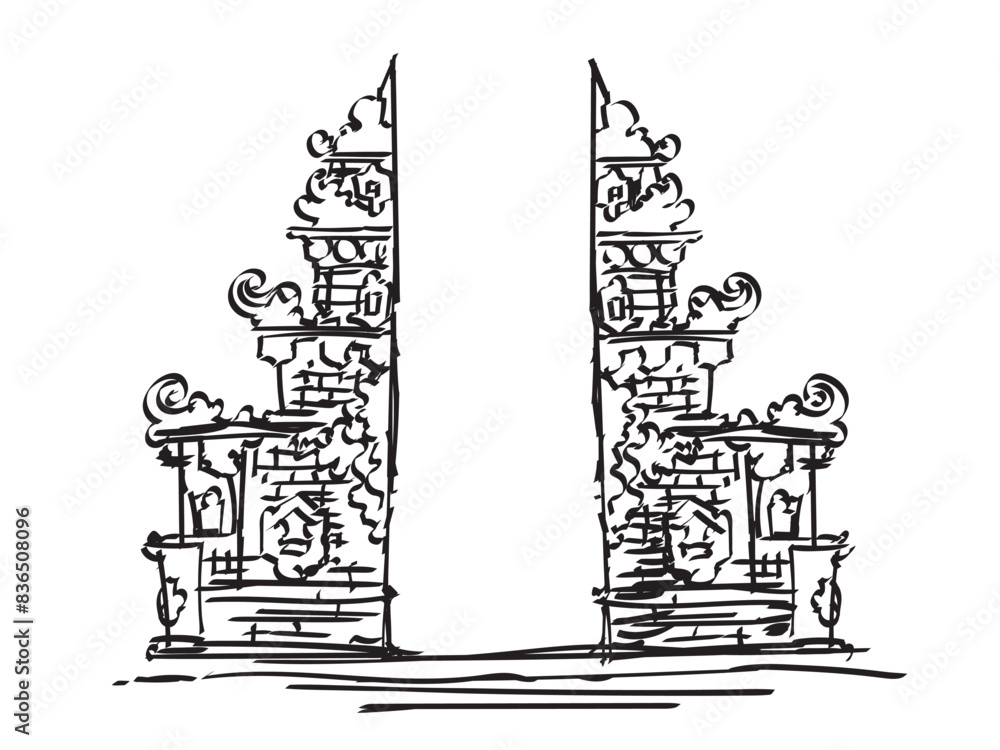 Bali Balinese gate architecture gate traditional hand drawing sketch doodle illustration Bali Balinese gate architecture gate traditional hand drawing sketch doodle illustration