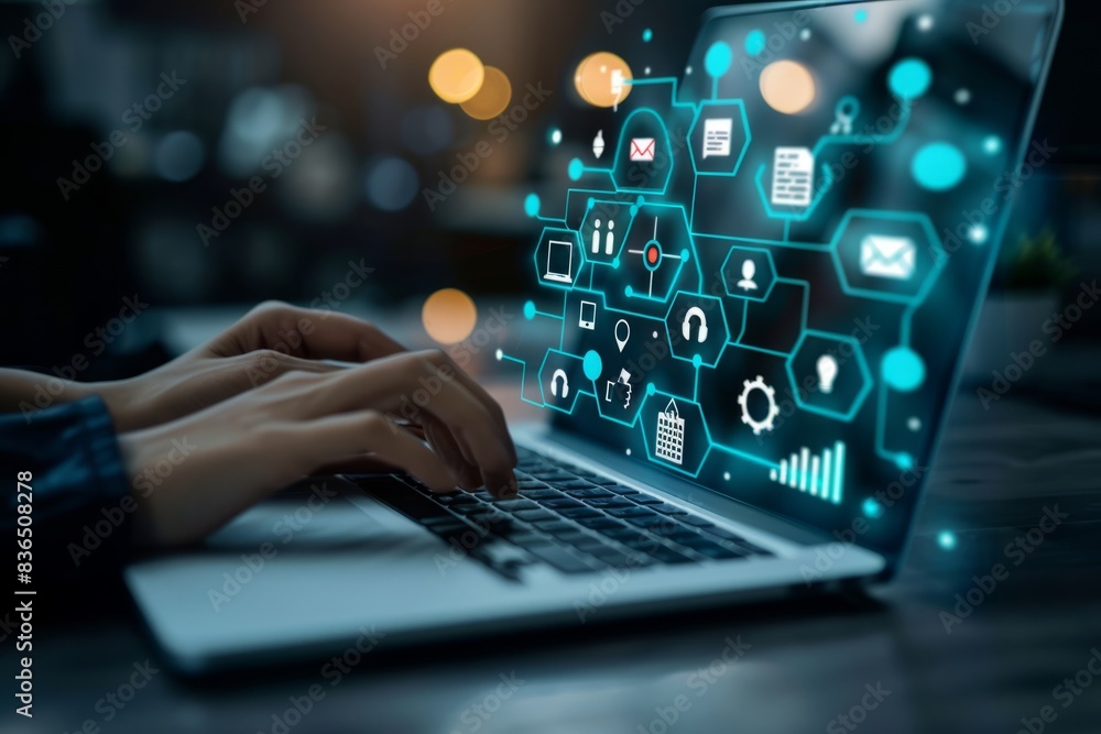Merchants use laptop and online shopping ICONS for shopping bags with money bags, online shopping concepts, Merchants use laptop and online shopping ICONS for shopping bags with money bags, online shopping concepts,