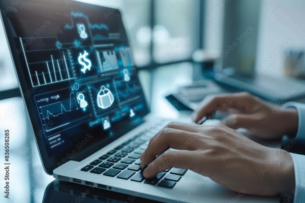 Merchants use laptop and online shopping ICONS for shopping bags with money bags, online shopping concepts, Merchants use laptop and online shopping ICONS for shopping bags with money bags, online shopping concepts,
